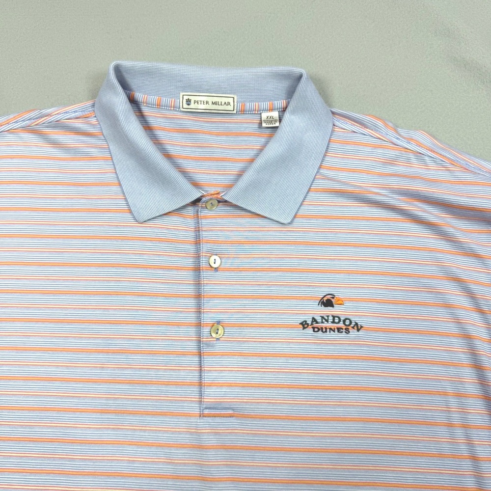 Peter Millar Bandon Dunes Golf Polo Shirt Mens XXL Blue Orange Striped Cotton